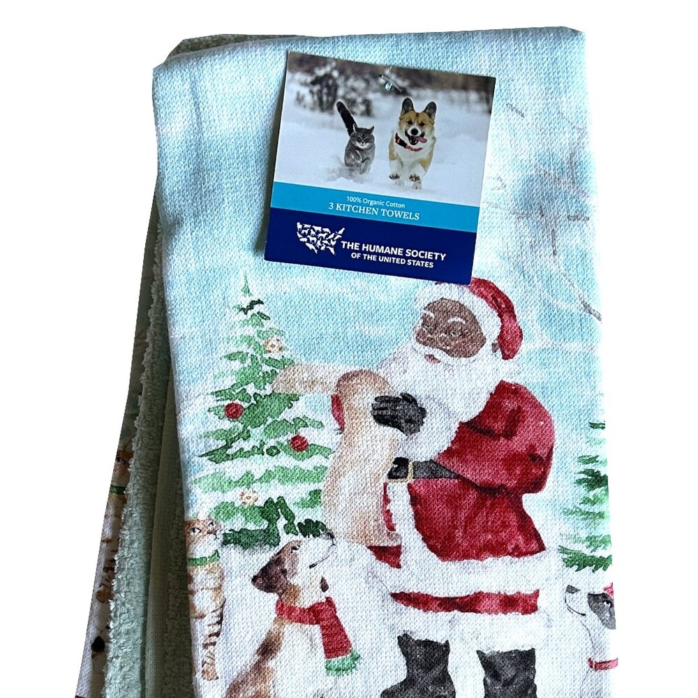 Humane Society 3 Pc Kitchen Towel Set Black Santa Dogs Christmas Presents NWT